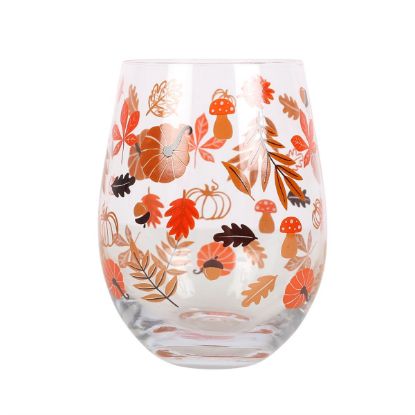 Picture of Autumn Leaves and Pumpkins Stemless Glass