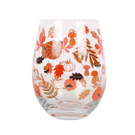 Picture of Autumn Leaves and Pumpkins Stemless Glass