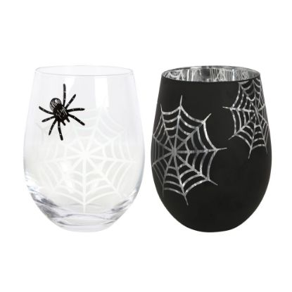 Picture of Set of 2 Spider and Web Stemless Wine Glasses