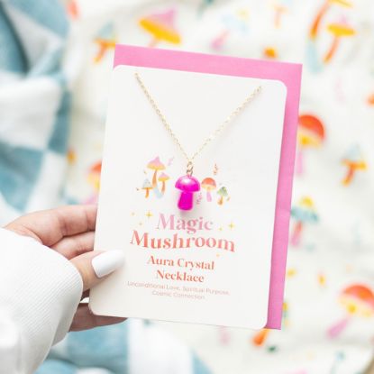Picture of Pink Aura Crystal Mushroom Necklace Greeting Card