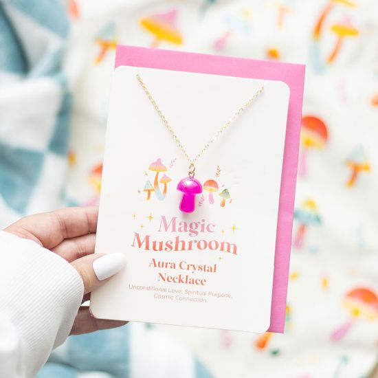 Picture of Pink Aura Crystal Mushroom Necklace Greeting Card