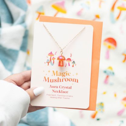 Picture of Orange Aura Crystal Mushroom Necklace Greeting Card