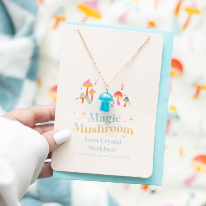 Picture of Blue Aura Crystal Mushroom Necklace Greeting Card