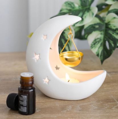 Picture of White Crescent Moon Hanging Oil Burner with Gold Dish