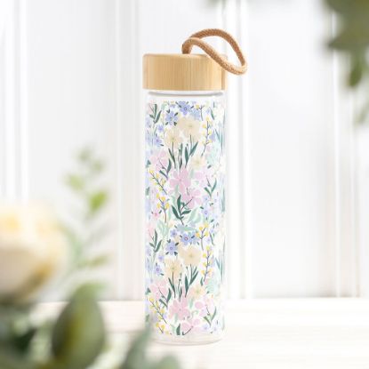 Picture of Ditsy Floral Print Glass and Bamboo Water Bottle