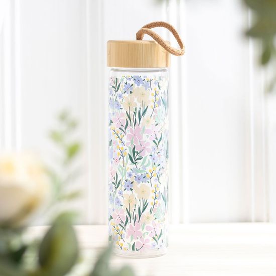 Picture of Ditsy Floral Print Glass and Bamboo Water Bottle