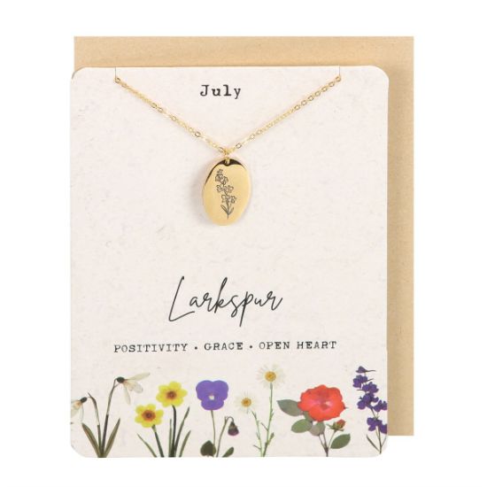 Picture of July Larkspur Birth Flower Necklace Card
