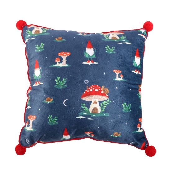 Picture of 35cm Square Gnome Print Cushion with Pom Poms