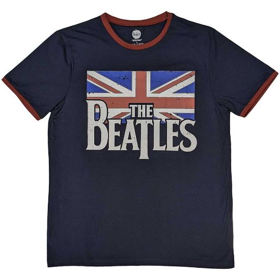 Picture of The Beatles Unisex Ringer T-Shirt: Drop T Logo & Vintage Flag