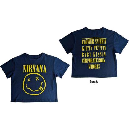 Picture of Nirvana Ladies Crop Top: Yellow Happy Face Flower Sniffin Back Print